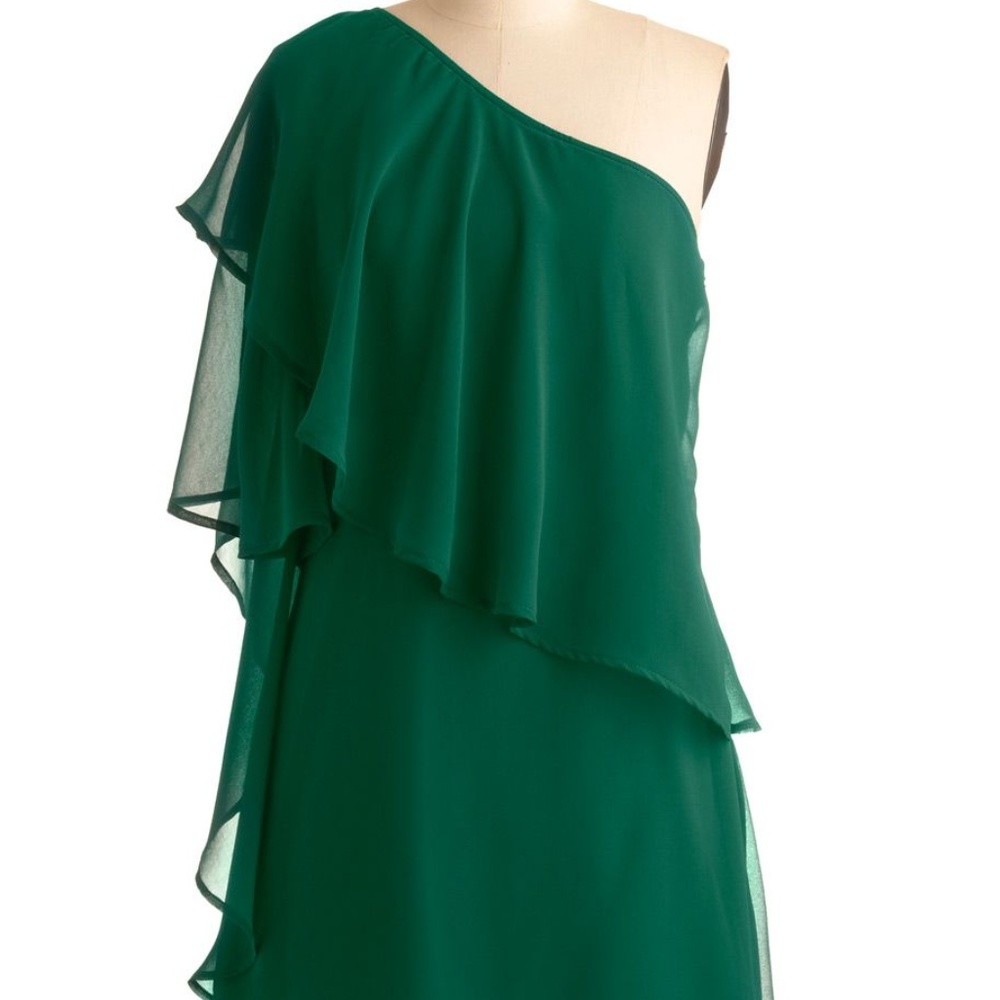 Kelly green one shoulder draped mini dress